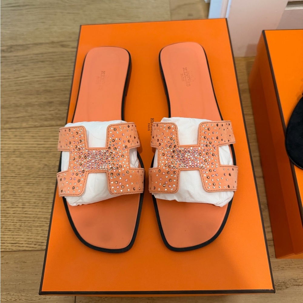 Hermes Orange Crystal-Embellished Oran Slide Sandals - Picture 4 of 9